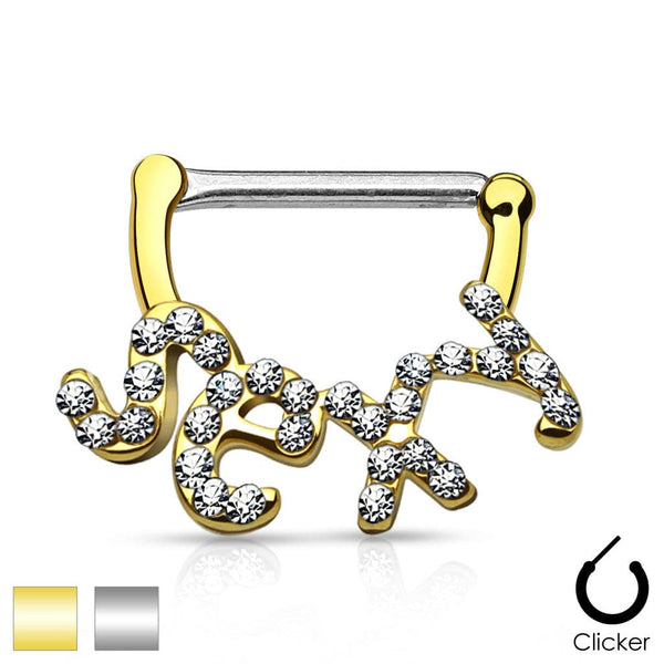 White CZ Paved "Sexy" 316L Surgical Steel Nipple Clickers Ring Shield - Pierced Universe
